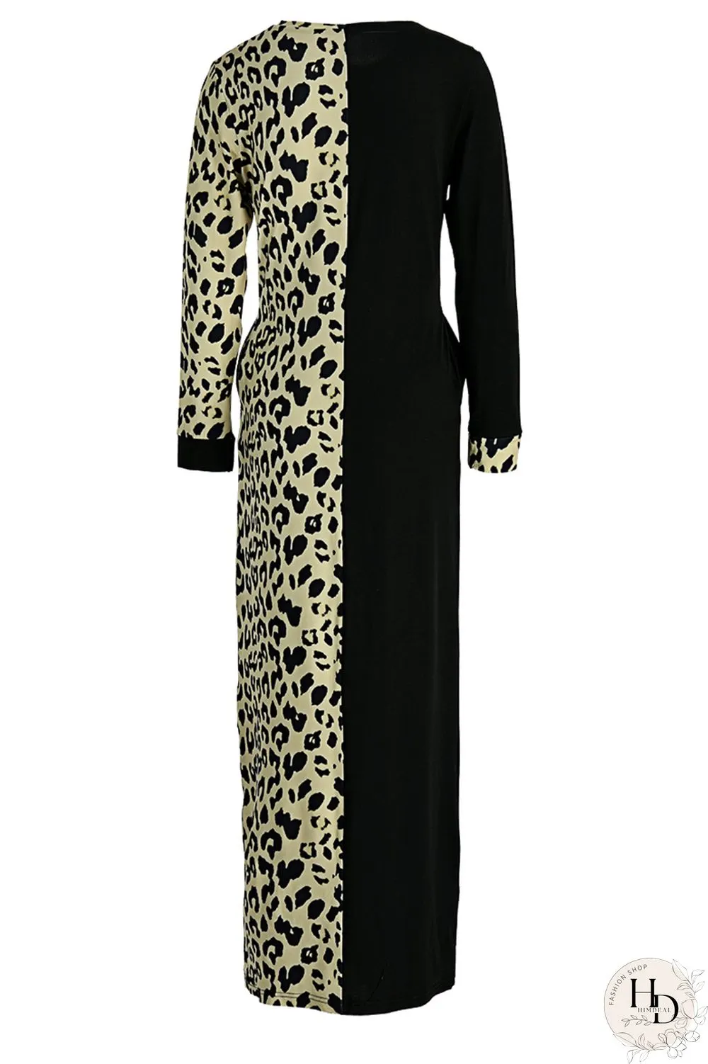 Rose Red Fashion Casual Print Leopard Split Joint O Neck Long Sleeve Dress
