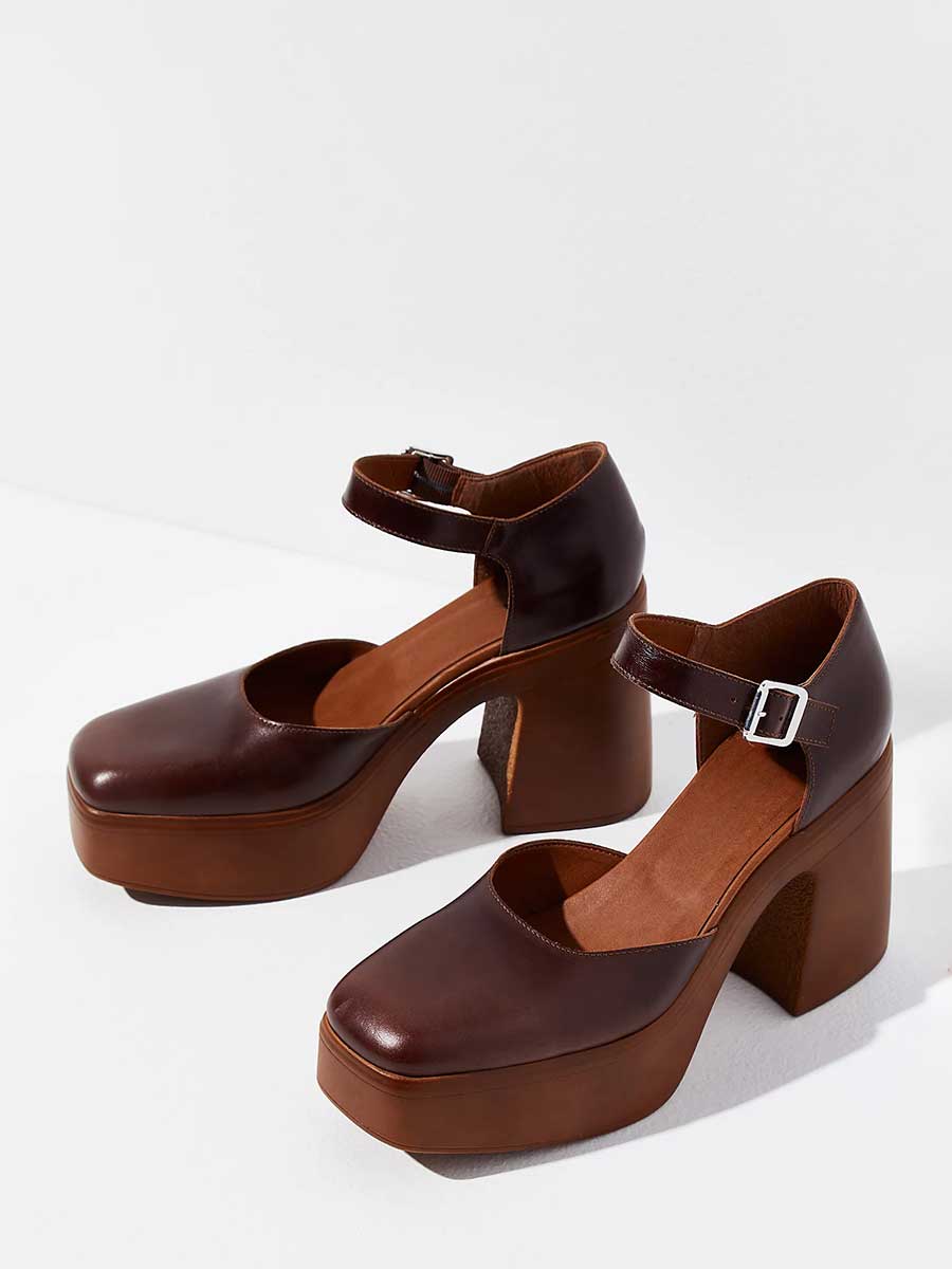 Vintage Brown Square Toe Buckle Strap Platform Mary Janes for Women