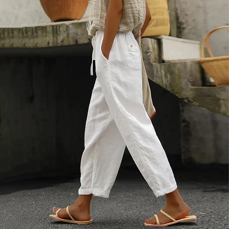 Solid Color Cotton Linen Lace Up Loose Casual Pants