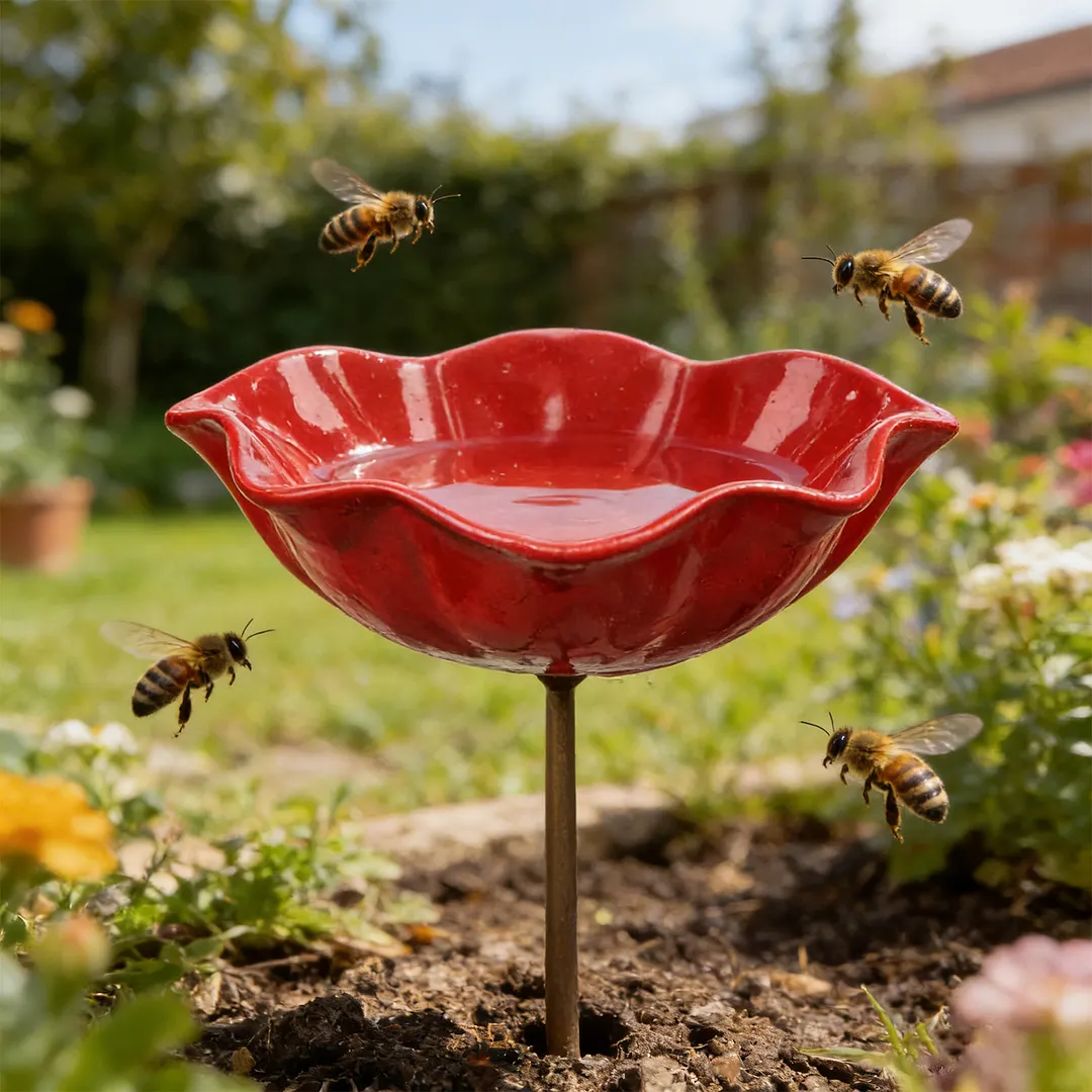 Bee Watering Station with Flower Design Bee Bath for Garden Decorative Metal Flower Garden Stake for Outdoor Yard Patio Decoration