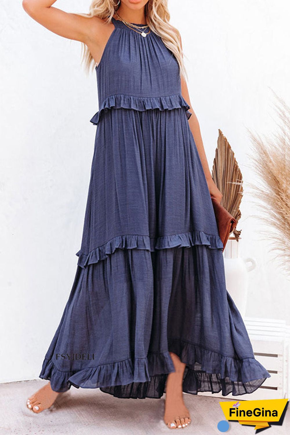 Pocketed Halter Textured Maxi Dress