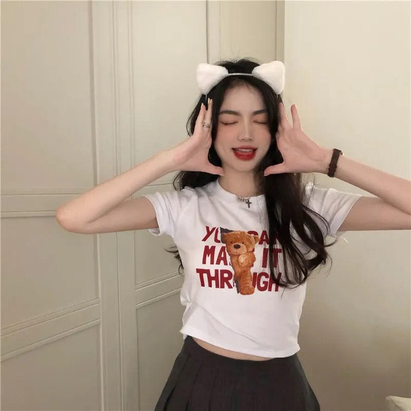 Brownm Brownm 2023 New Korean Letter Bear Print Short-Sleeved T-Shirt Women Slim Short Top Women's Wear