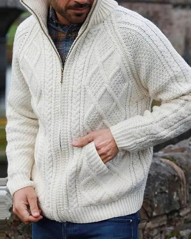 Mens Vintage Fair Isle Jacquard Weave Knitted Pocket Cozy Sweater