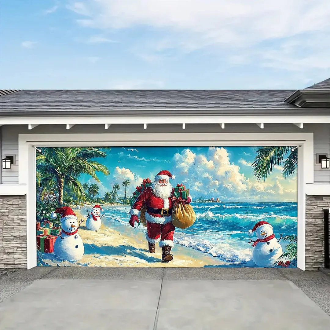 Garage Door Banner Decoration - Tropical Christmas Santa&rsquo;s Beachside Holiday with Snowmen