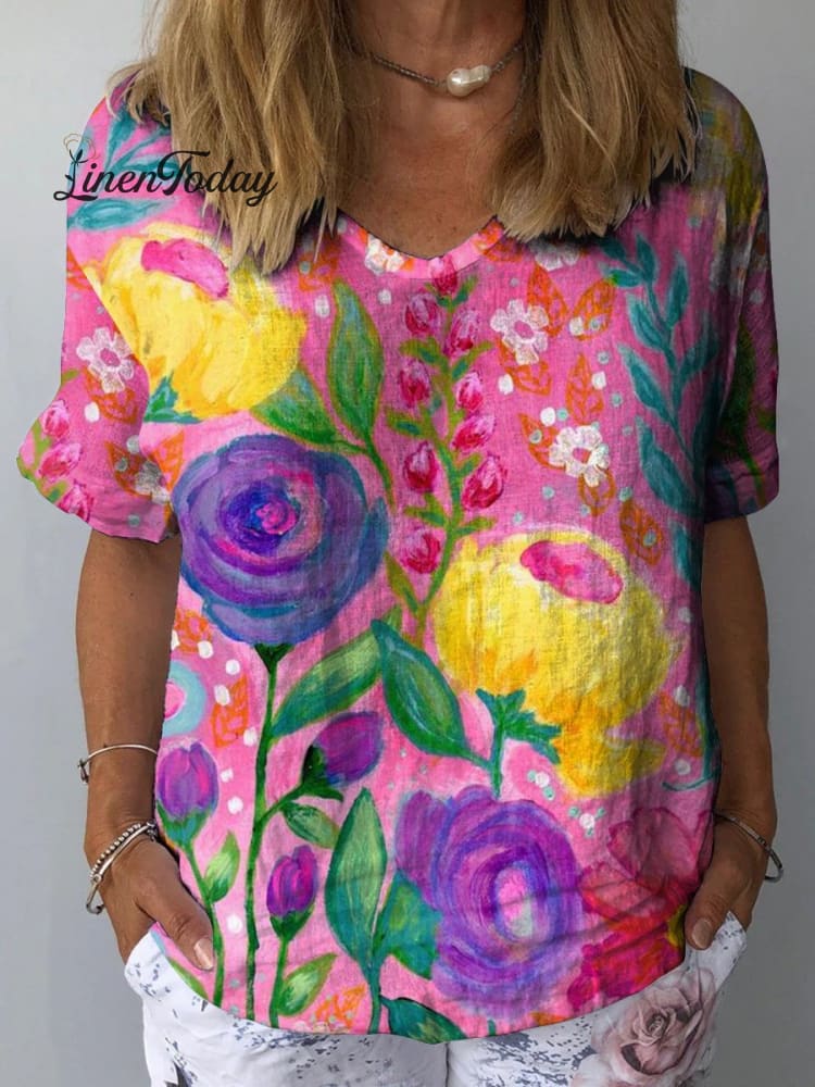 Bright Flower Print Women&rsquo;s Casual Cotton And Linen Shirt Multicolor / S