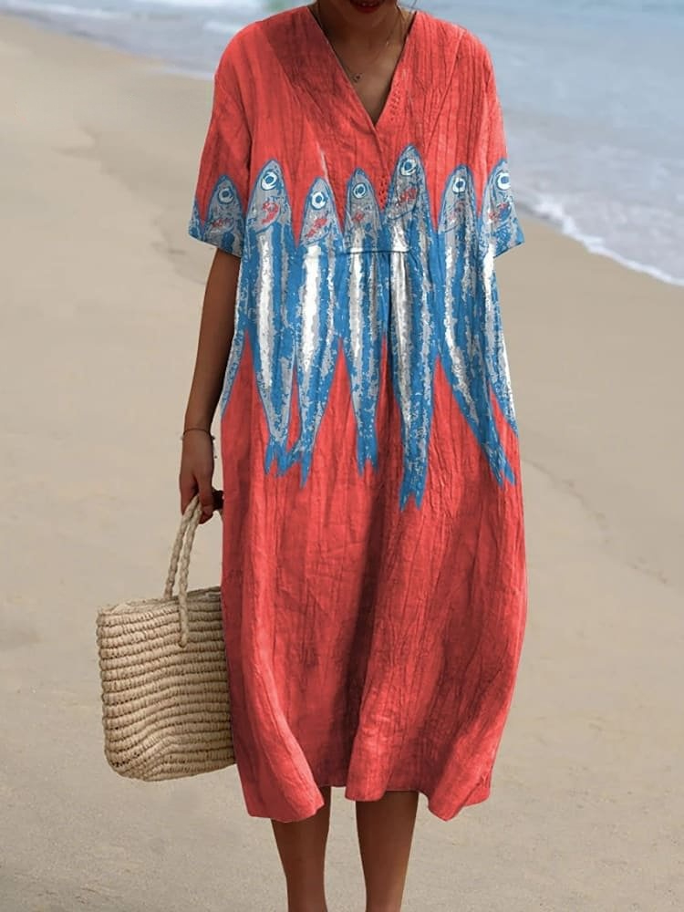 Women's Vintage Lovely Sardines Art Print Flowy Dress