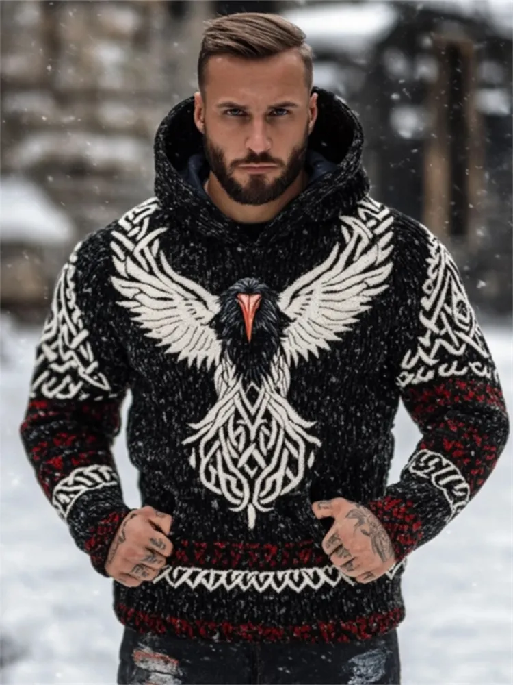 Men's Viking Raven Celtic Contrast Cozy Hooded Sweater