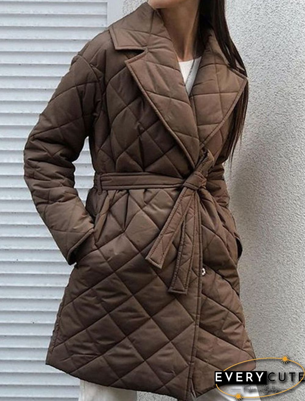 Pure Color Belted Double Pocket Casual Cotton Coat