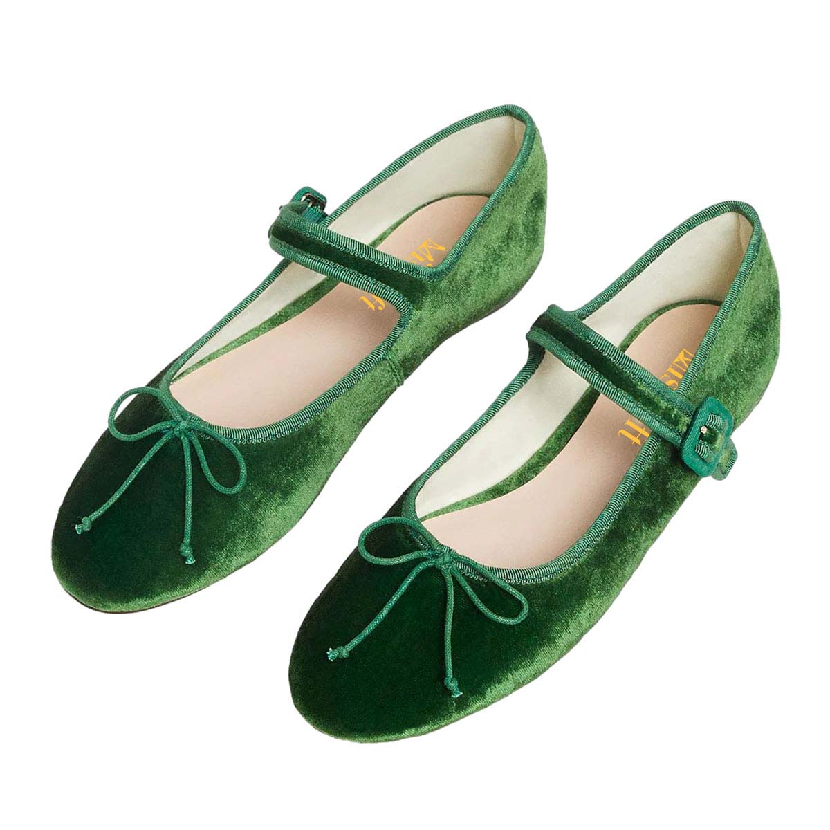 Green Velvet Bow Tie Round Toe Slip-On Mary Jane Shoes with Strap Nicepairs