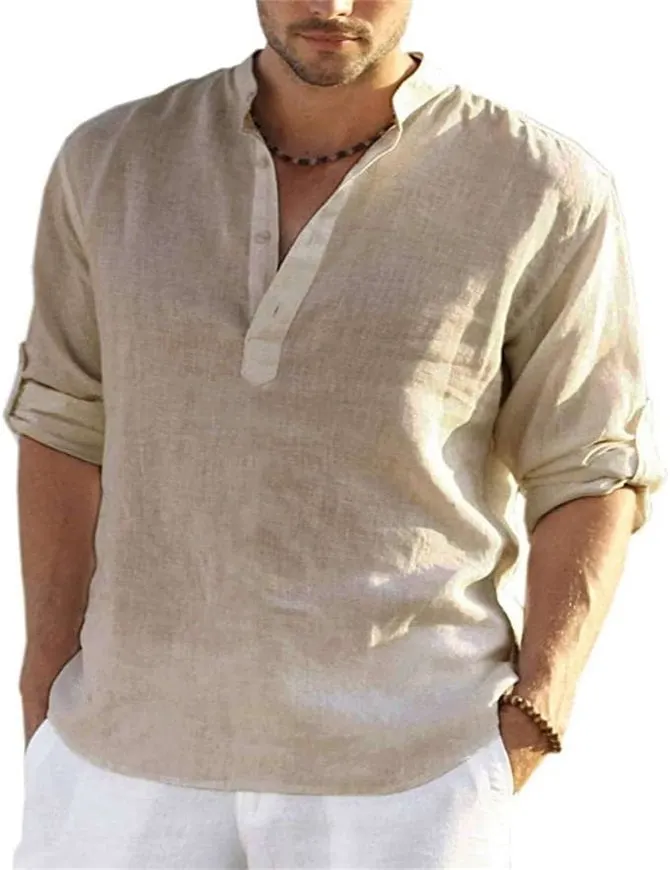 Men's Cotton Linen Casual Long Sleeve Shirt