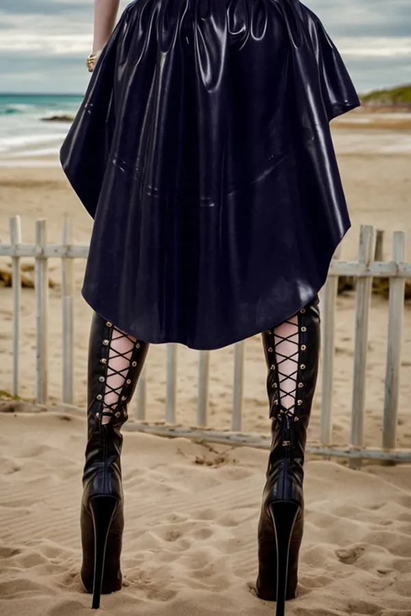 Women Latex Skirts Ruffled Hem Asymmetrical Black