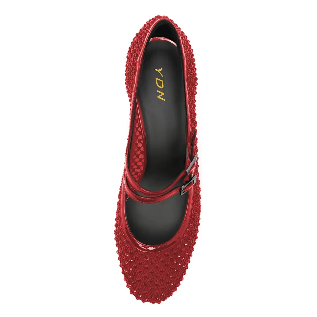 Red Mesh Round Toe Buckle Fastening Strap Mary Janes for Ladies