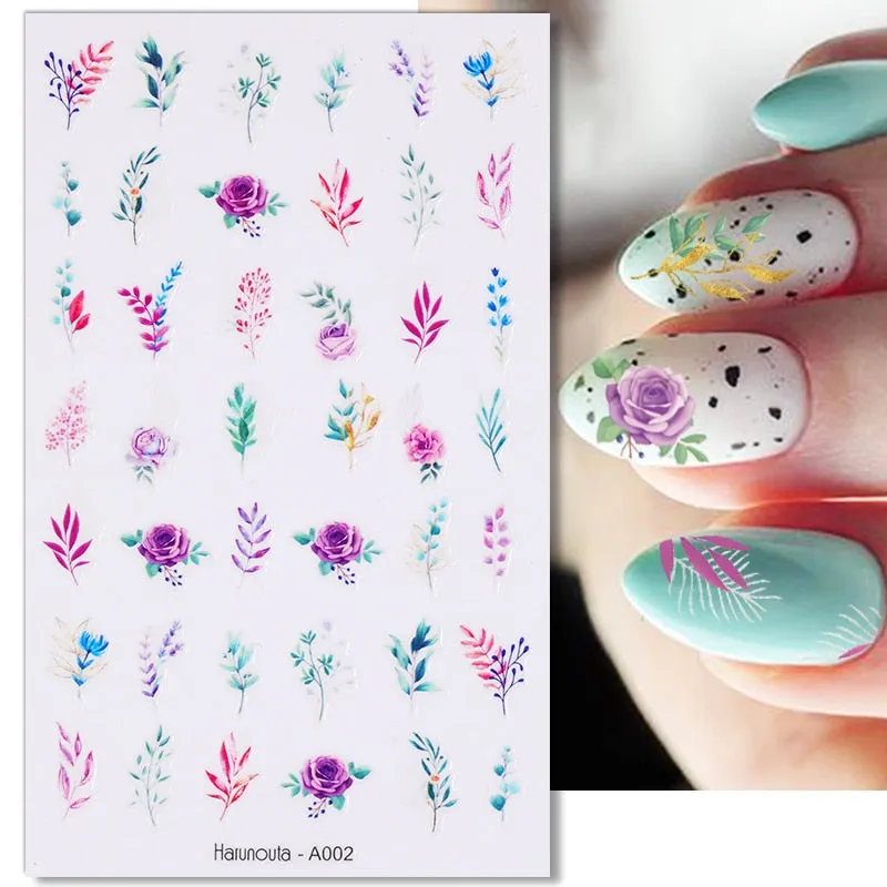 Harunouta Marble Blooming 3D Nail Sticker Decals Flower Leaves Transfer Water Sliders Abstract Geometric Lines Nail Watermark