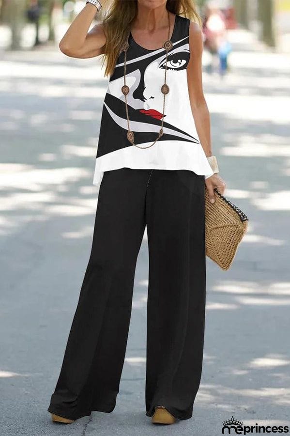 Simply Flourishing Printed Loose Tank and Wide Leg Pants Set