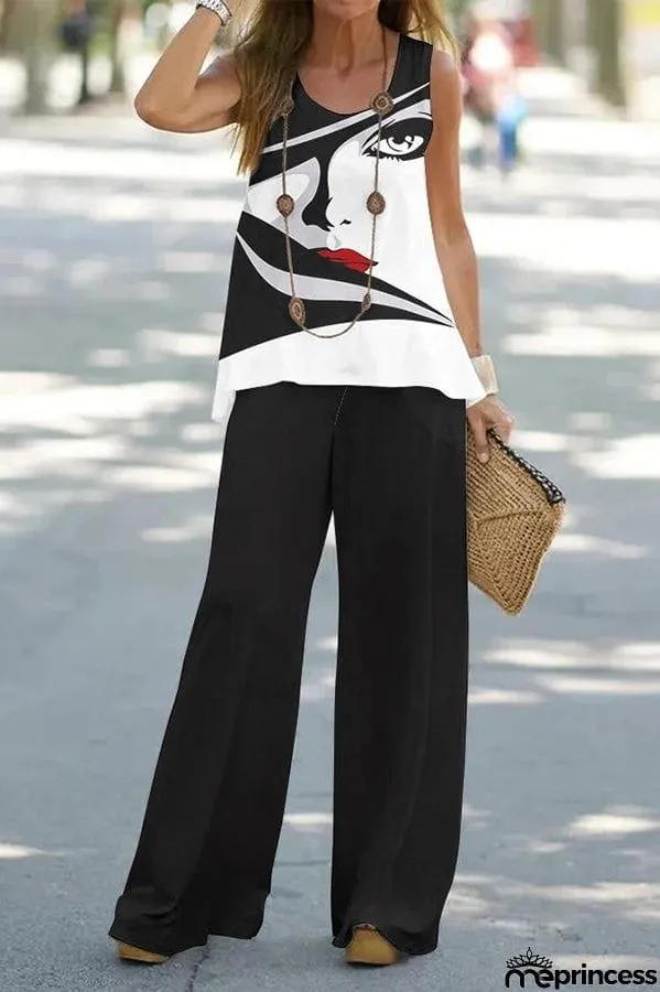 Simply Flourishing Printed Loose Tank and Wide Leg Pants Set