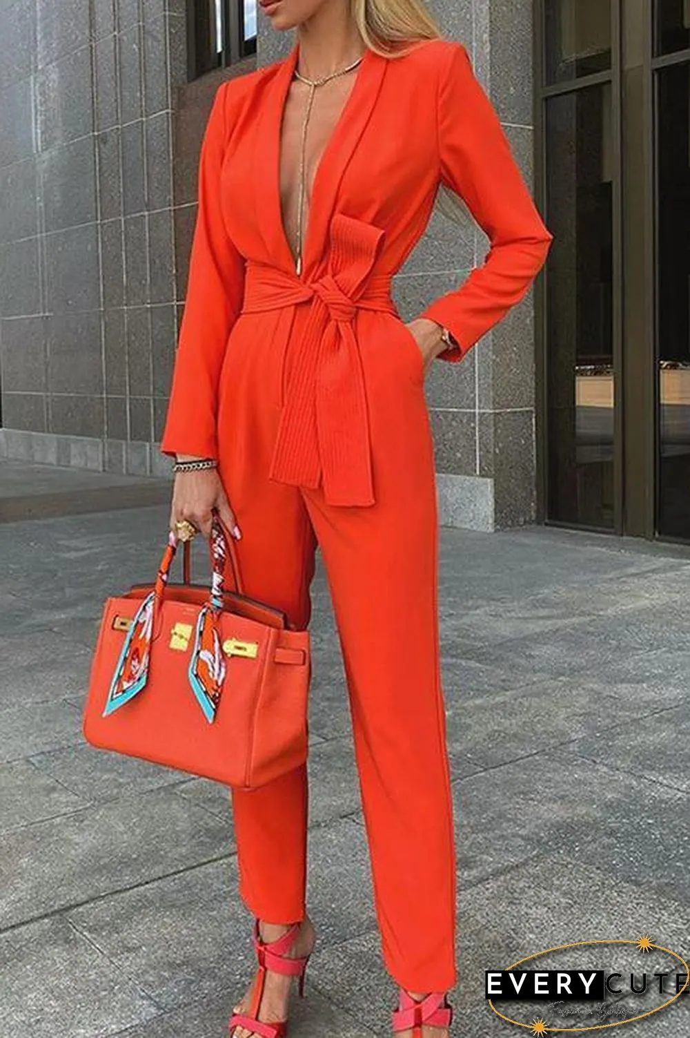 Lace Up Lapel Deep V Neck Jumpsuit