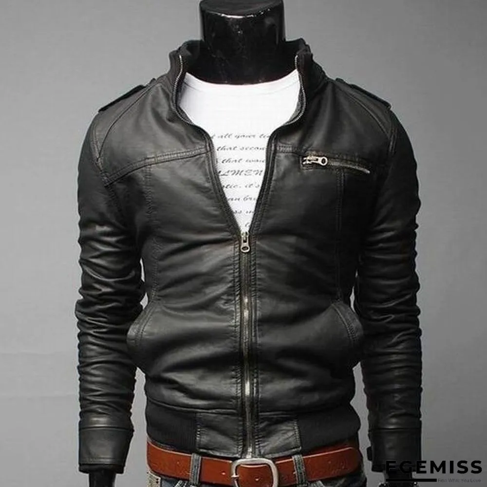 Fashion Men Vintage Motorcycle PU Leather Coats Stand Collar Long Sleeve Outwear Zipper Fitness Cool Jacket | EGEMISS