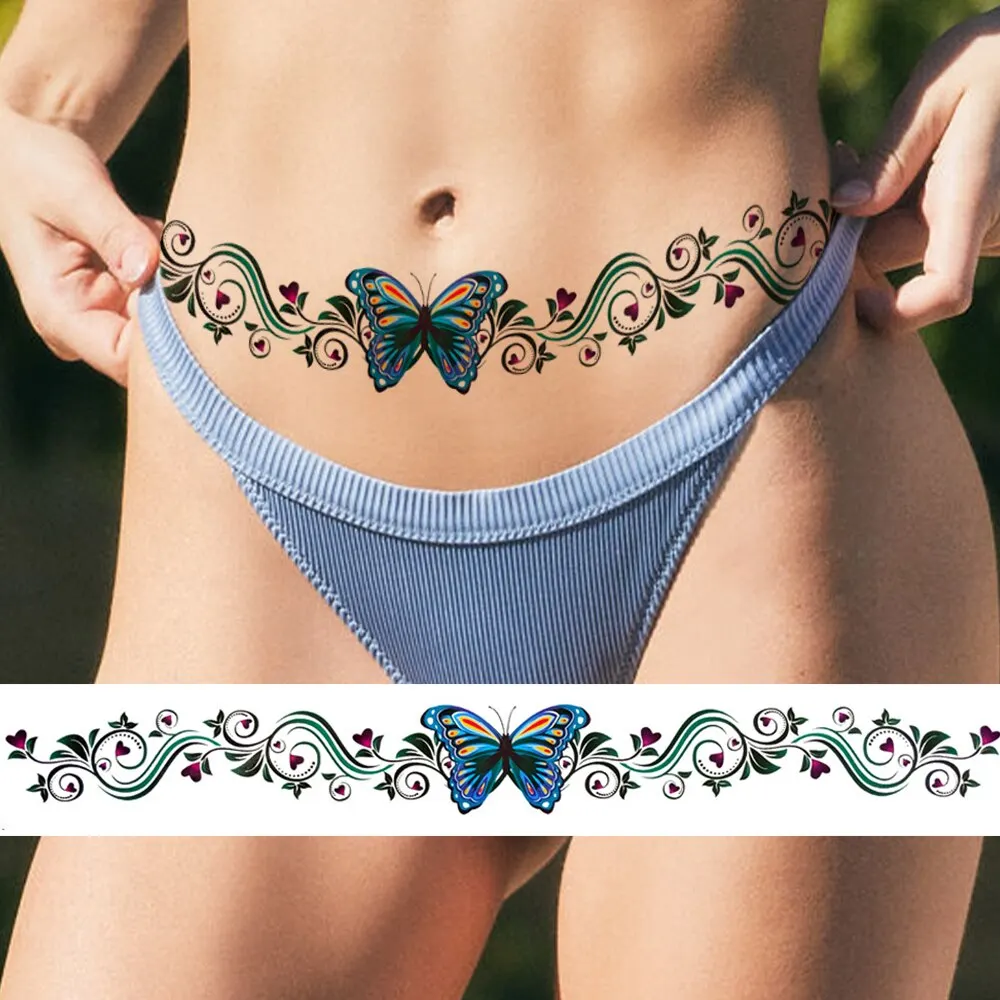 Sdrawing Butterfly Temporary Tattoos For Women Girls Fake Flower Tattoo Sticker Thorns Lily Daffodil Waist Sexy Tatoos