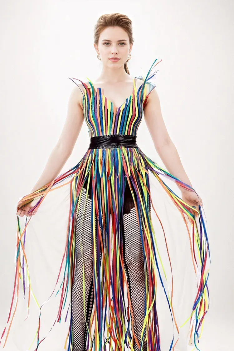 Women Latex Dress Rainbow Fringe Artistic