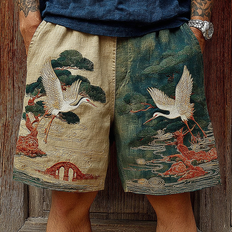 Japanese Pine And Crane Embroidery Art Contrast Color Linen Blend Casual Shorts