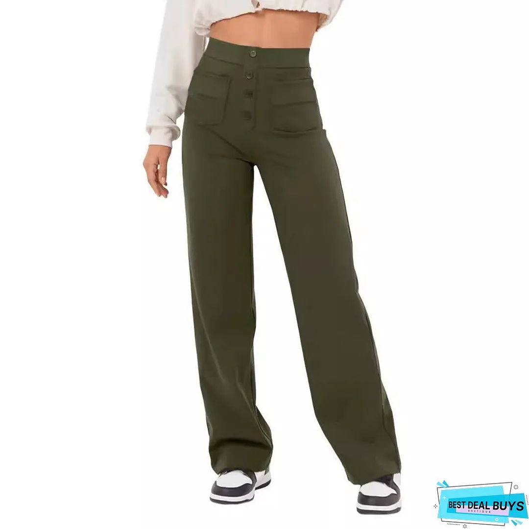Women's Straight High Waist Button Elastic Band Pants