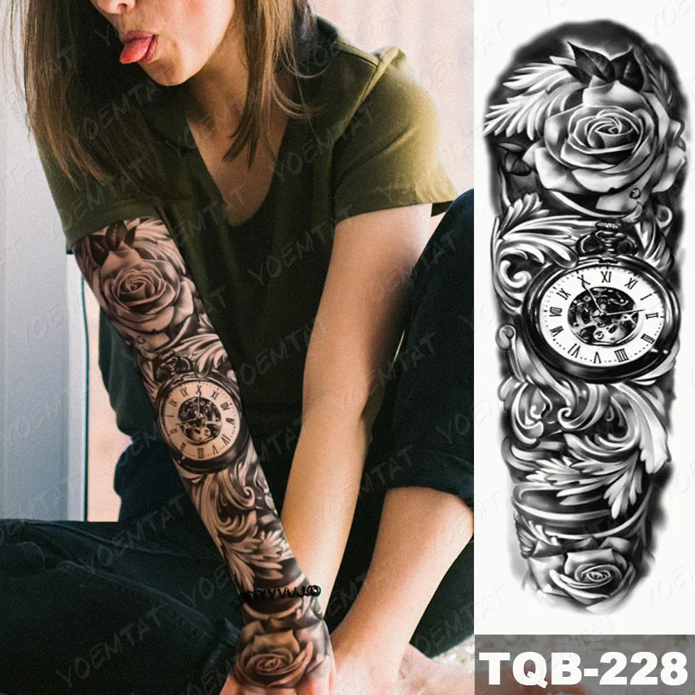 Large Arm Sleeve Tattoo Bird Crow Forest Moon Waterproof Temporary Tatto Sticker Lion Wolf Clock Body Art Full Fake Tatoo Men