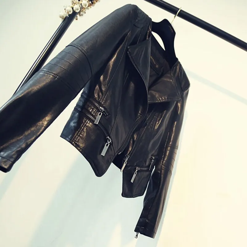 FTLZZ Women Pu Leather Jacket Spring Autumn Short Jackets Female Turn-down Collar Outerwear Black Slim Faux Soft Leather Coat