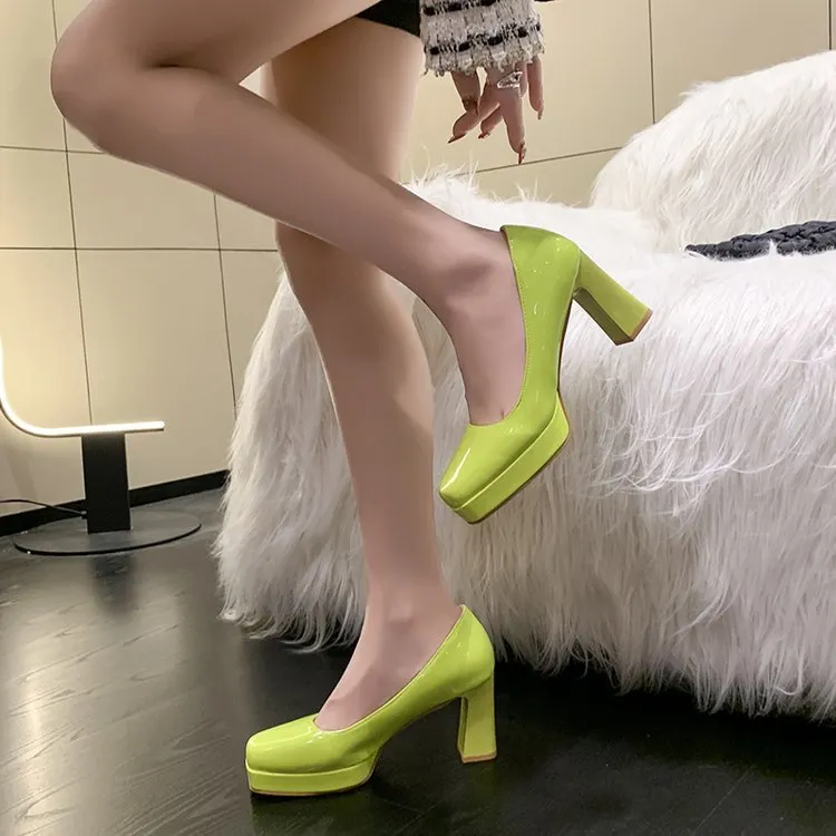 Churchf Churchf Size Square Head High Heels Fashion Waterproof Platform Women's Fashion Cover Foot Bright Skin Thick Heel Work Single Shoes