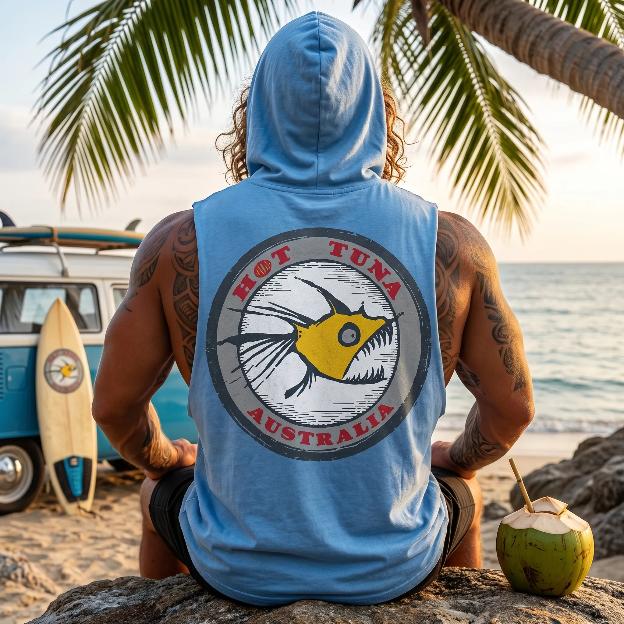 Men's Cotton-Blend Sleeveless Hooded Vest — Surfing Fish Print — Summer ...