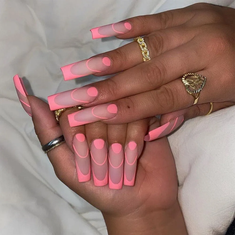 24pcs/Box fake nail with design Detachable Pink Cloud Coffin False Nails Wearable Ballerina Fake Nails Full Cover Nail Tips 1113-1-Nail Inspo