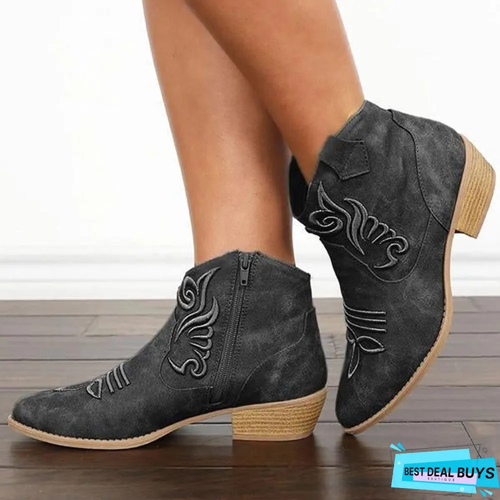Embroidery Zipper Vintage Round Toe Boots