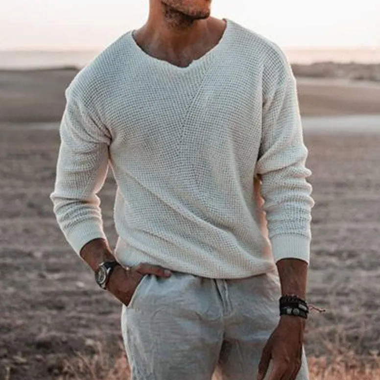 Man's Vintage Solid Color V Neck Casual Cozy Sweater