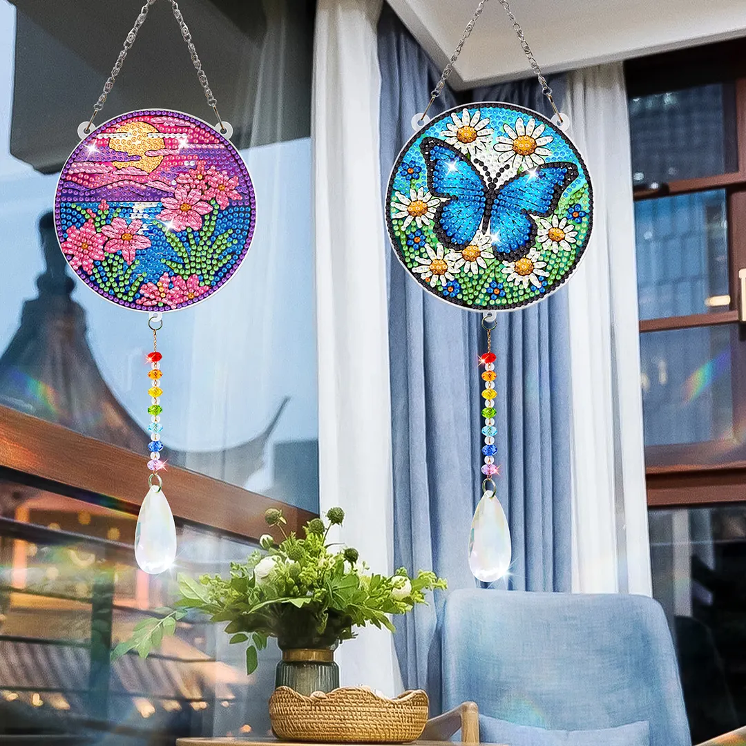 2Pcs Sunset Butterfly DIY Acrylic Diamond Painting Art Wind Chimes with Crystal Pendant Diamond Art Hanging Pendant Double-Sided for Adults Beginners Gift Home Garden Decor