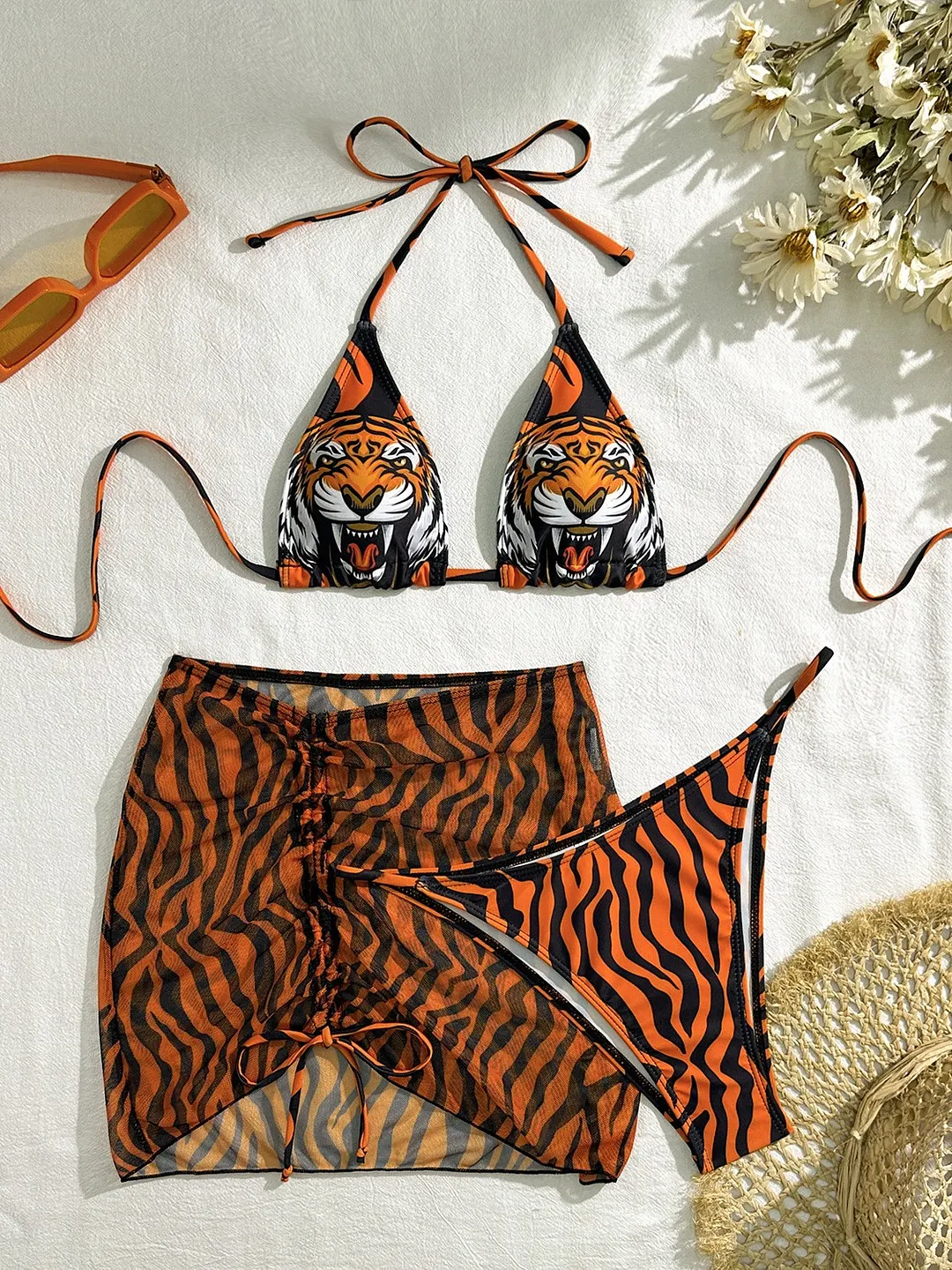 Brownm 2024 New Sexy Tiger Head Striped Three-Piece Swimsuit Swimsuit Bikini Bikini