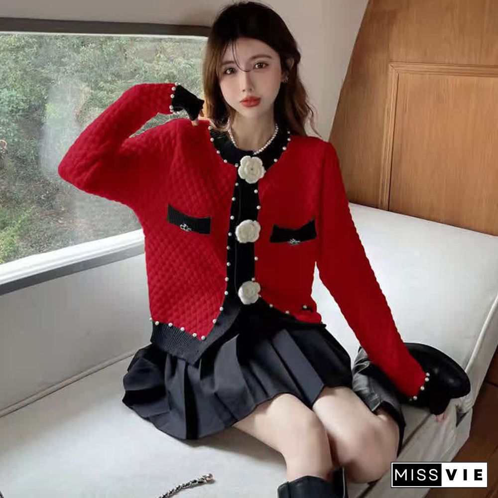 Pearl Decor 3D Blossom Button Cardigan Sweater