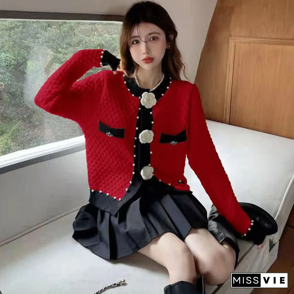 Pearl Decor 3D Blossom Button Cardigan Sweater