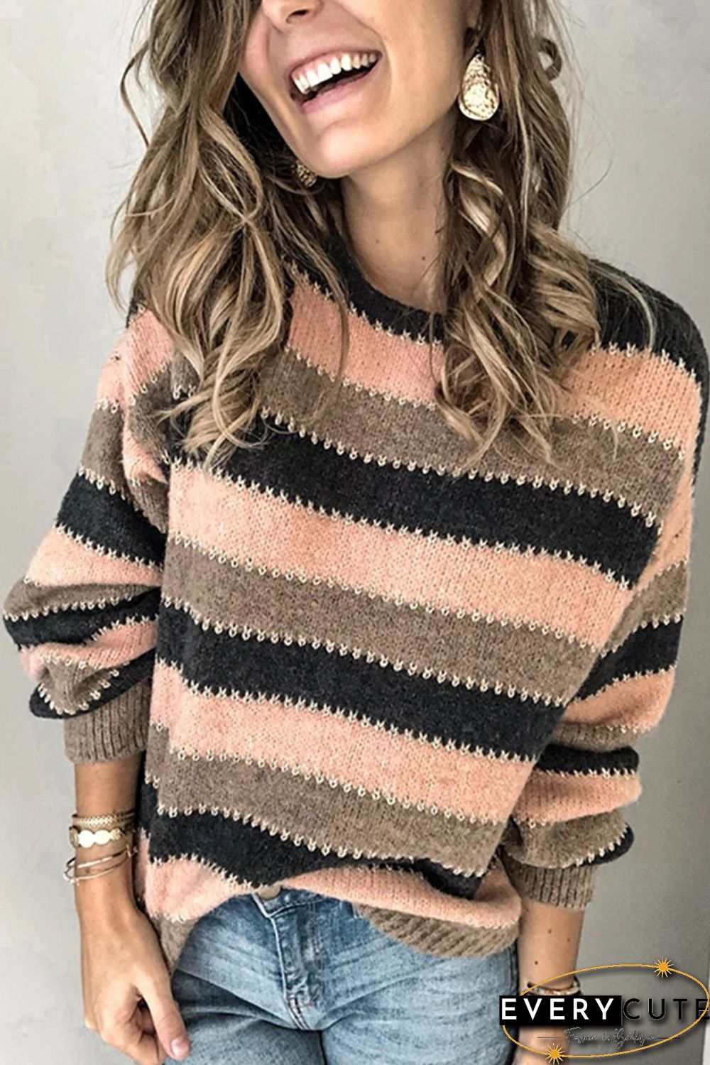 Pink Drop-Shoulder Sleeve Striped Patchwork Pullover Sweater
