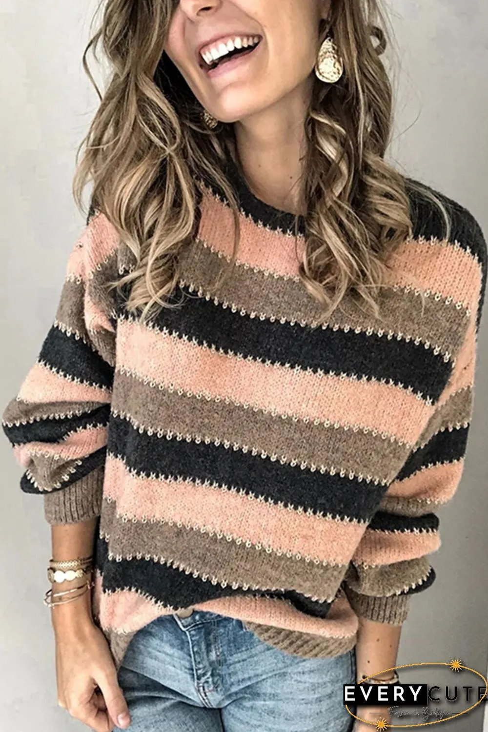 Pink Drop-Shoulder Sleeve Striped Patchwork Pullover Sweater
