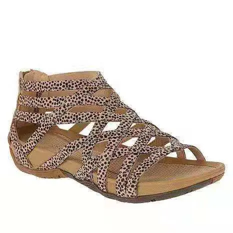 2021 Summer Women Sandals Round Toe Hollow wedges Sandals Casual Closed Toe Flat Rome Sandals plus size Leopard Sandals 514