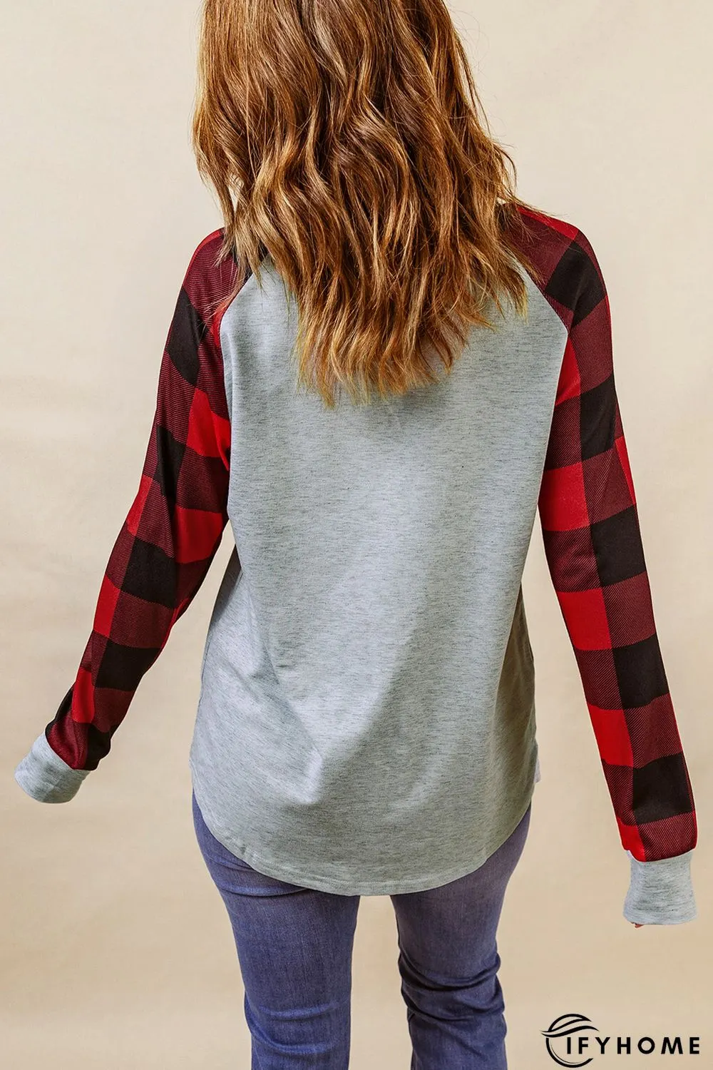 Gray Merry Christmas Plaid Color Block Long Sleeve Sweatshirt | IFYHOME