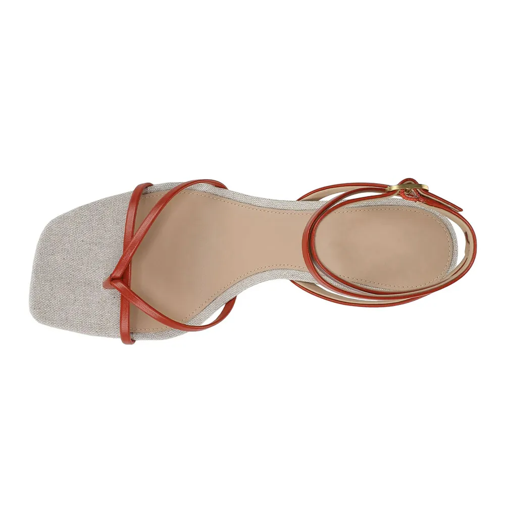 YDN Simple Open Square Toe Ankle Strap Low Heel Sandals in Red
