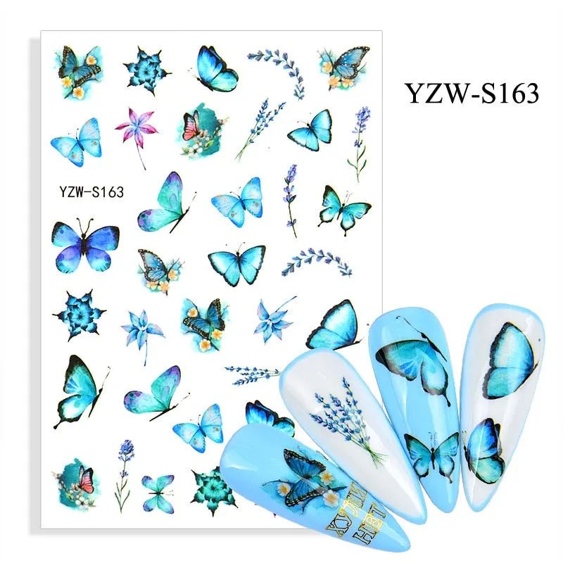 1pc Holographic Blue Nail Stickers Pink Colorful Butterfly Art Sticker With Adhesive DIY Extension Flowers Rose Nail Decoration-Nail Inspo