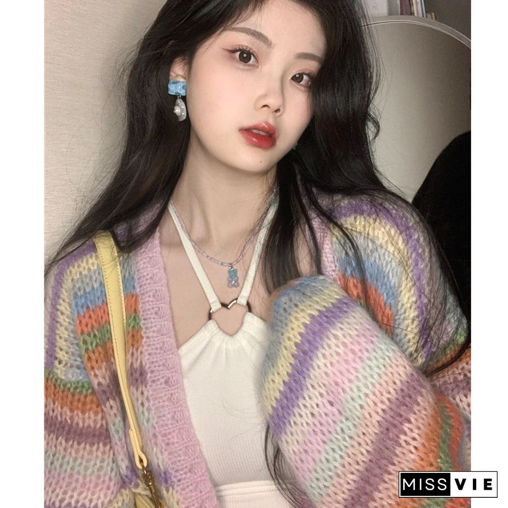 Colorblock Stripe Rainbow Knit Cardigan Sweater