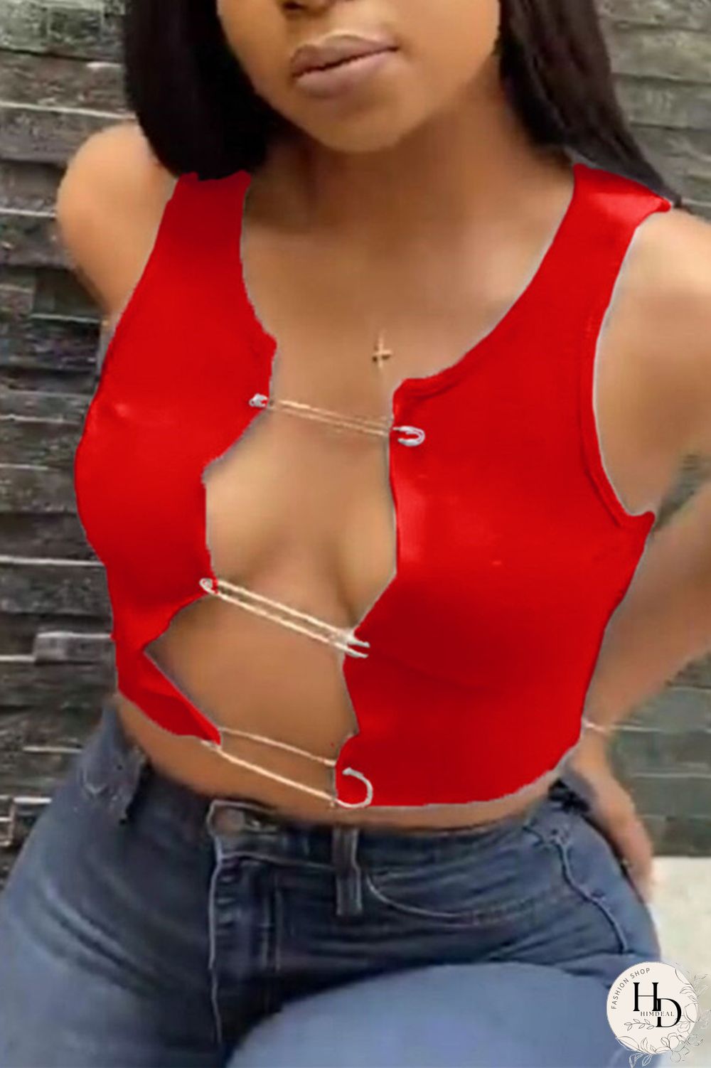 Red Fashion Sexy Spaghetti Strap Sleeveless Spaghetti Strap Short Solid Tops