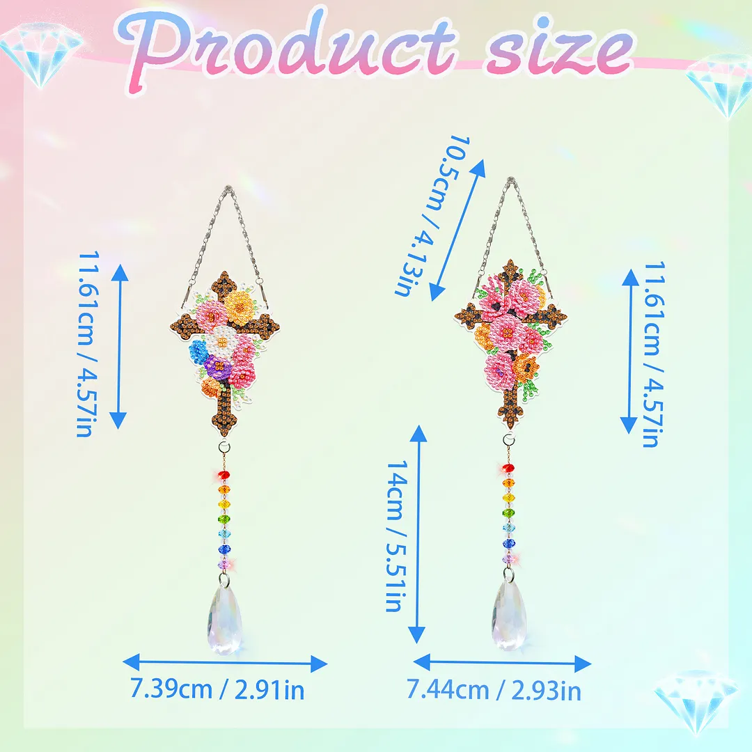 2Pcs Cross DIY Acrylic Diamond Painting Art Wind Chimes with Crystal Pendant Diamond Art Hanging Pendant Double-Sided for Adults Beginners Gift Home Garden Decor