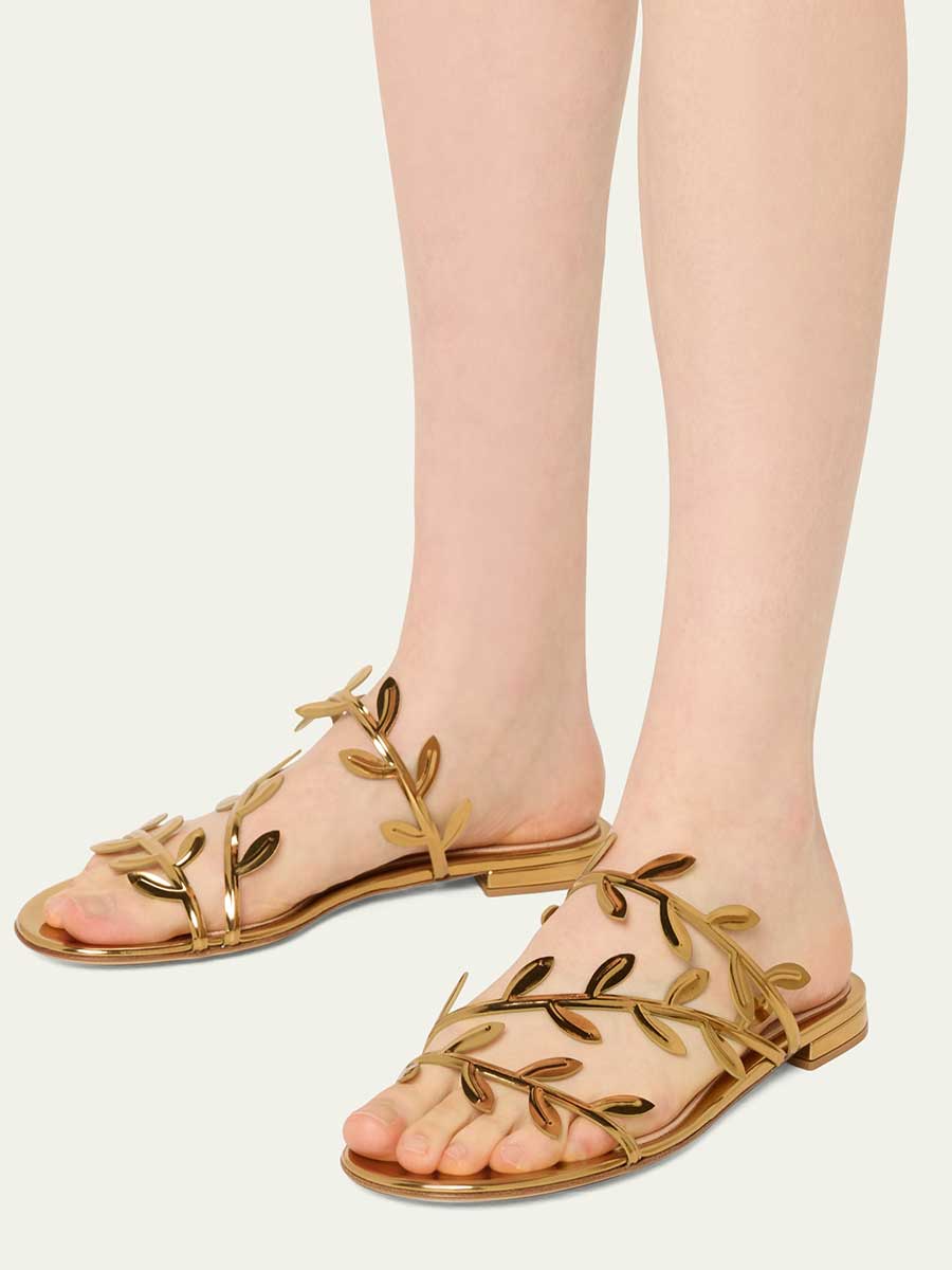 Gold Metallic Finish Open Toe Leaves Strappy Flat Slide Sandals