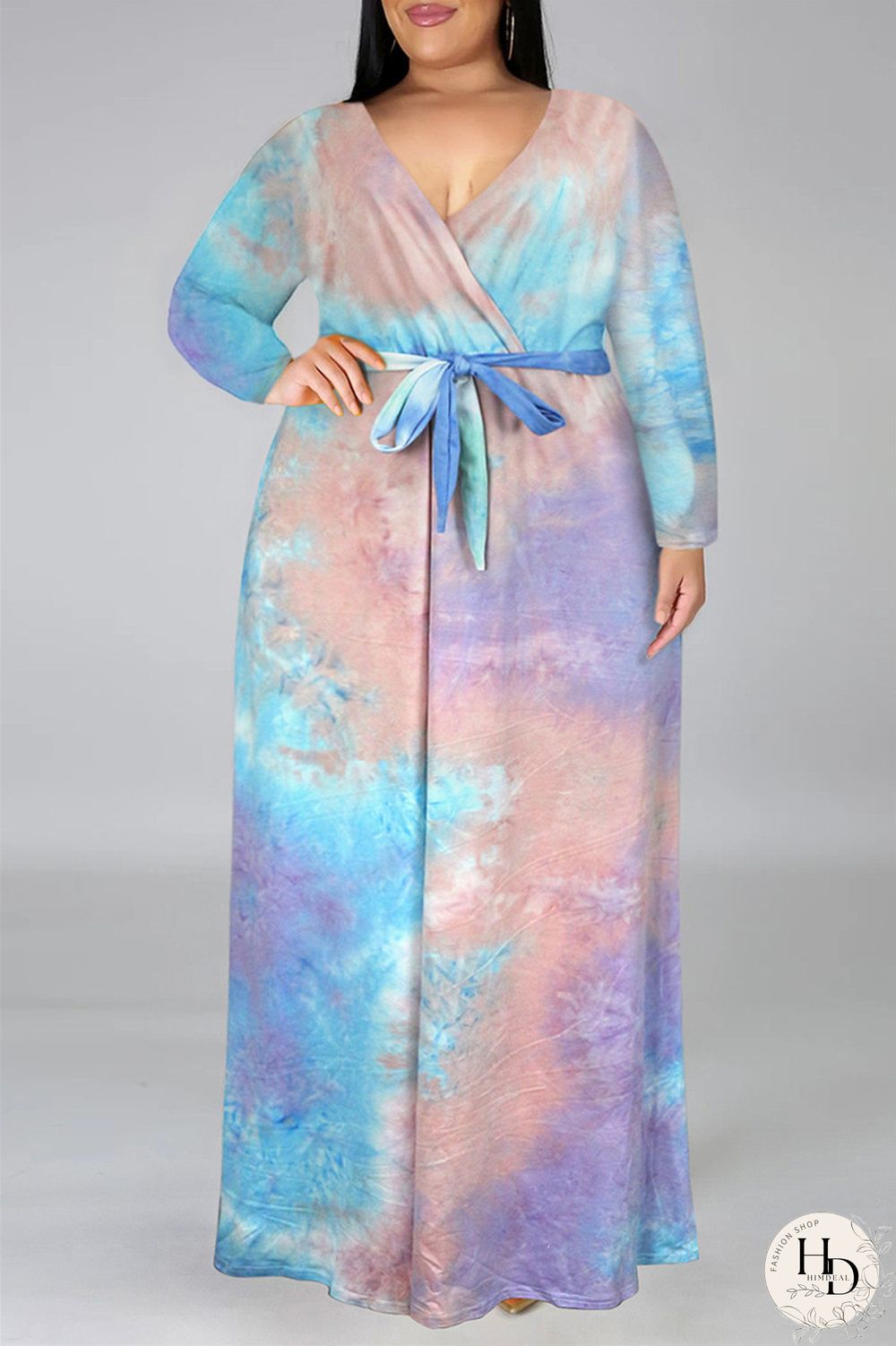 Colour Fashion Casual Print Tie-dye V Neck Long Sleeve Plus Size Dress