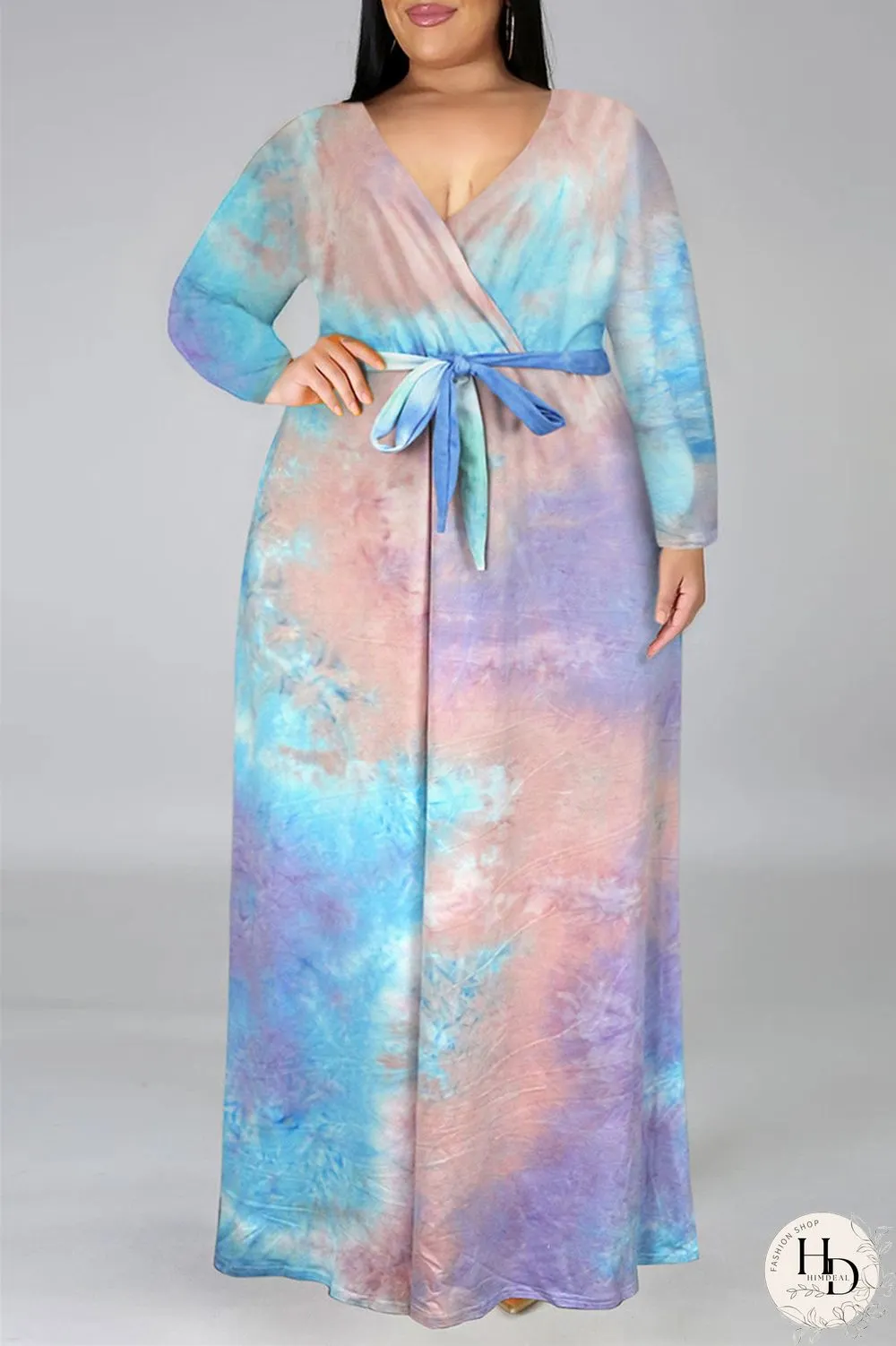 Colour Fashion Casual Print Tie-dye V Neck Long Sleeve Plus Size Dress