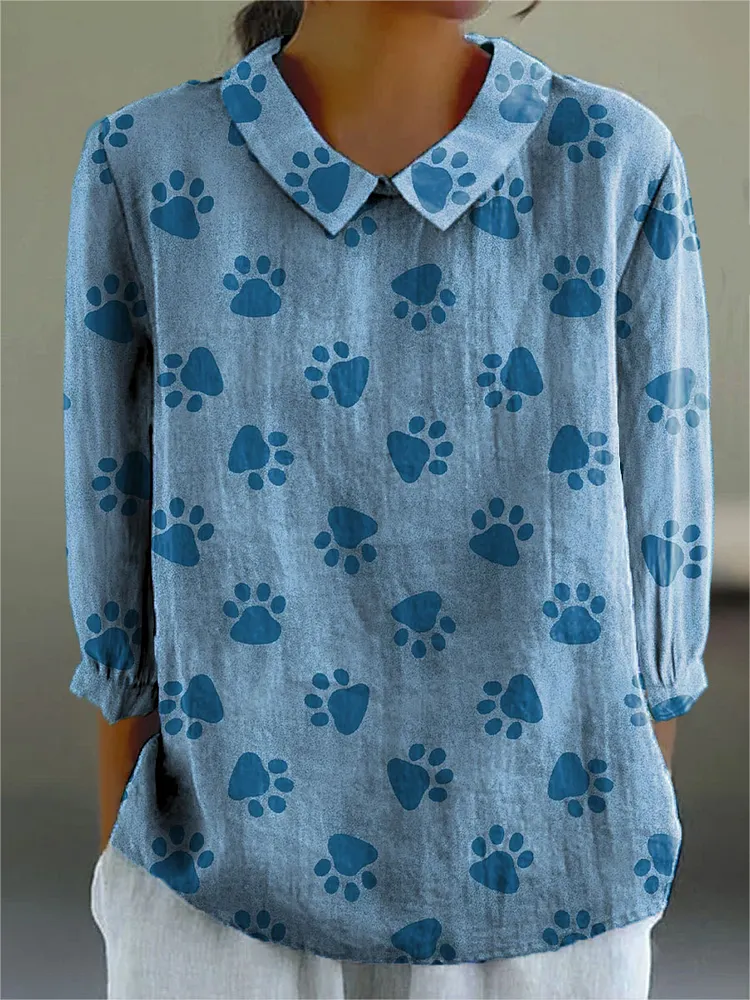 Women's Cute Dog Paw Art Print Casual Cotton And Linen 3/4 Sleeve Shirt