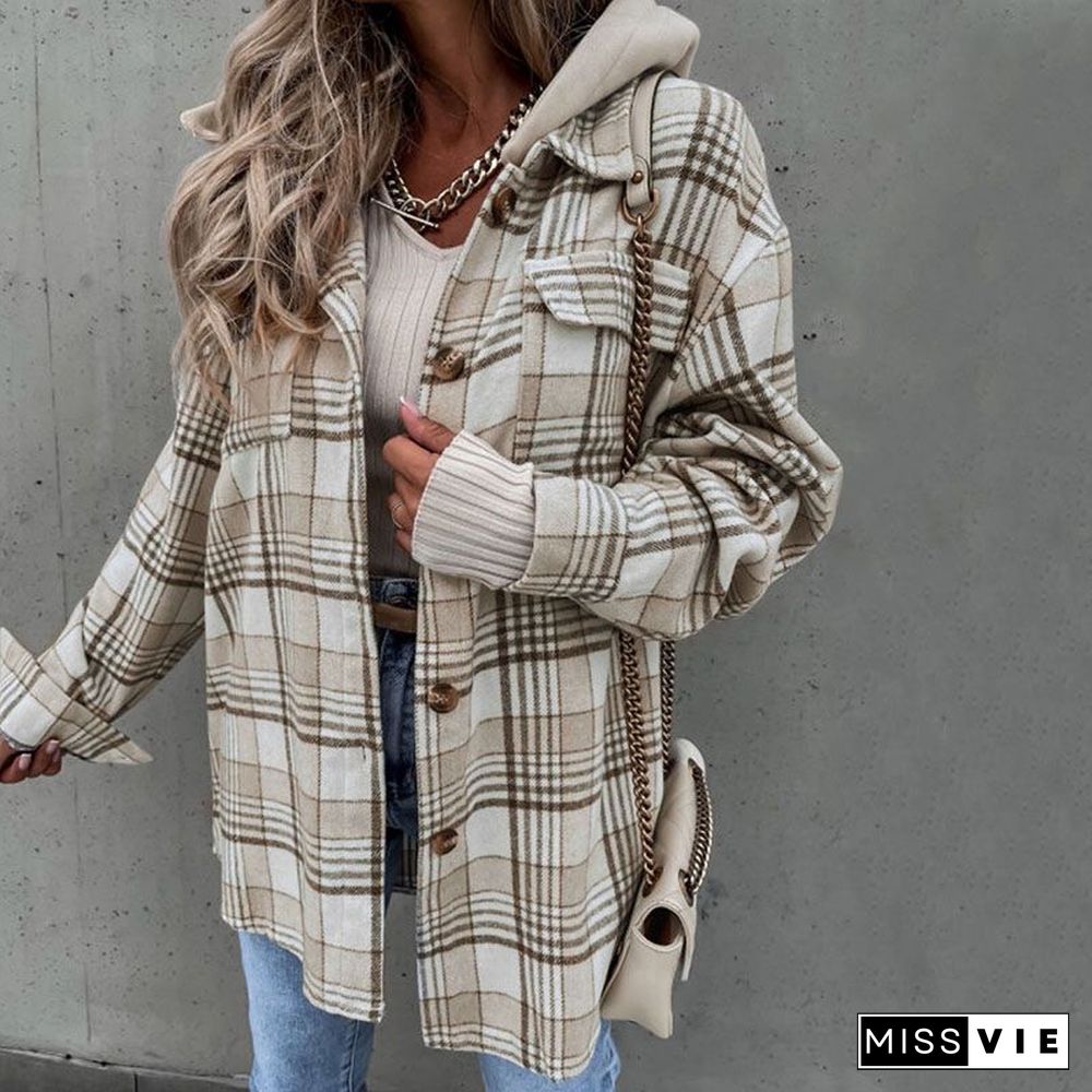 Oversizd Fit Button Up Hoodies Casual Multi Colored Hooded Flannel Shirt